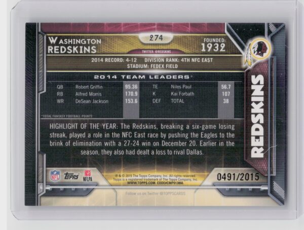 2015 Topps Washington Redskins Gold SN2015 #274 Redskins - Image 3