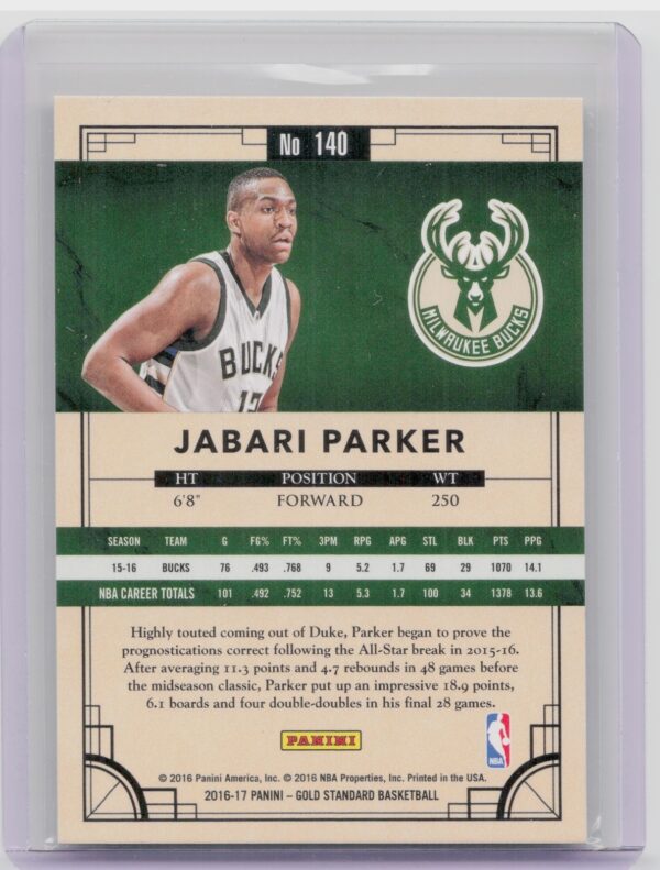 2016-17 Panini Gold Standard Jabari Parker SN269 #140 Bucks - Image 3