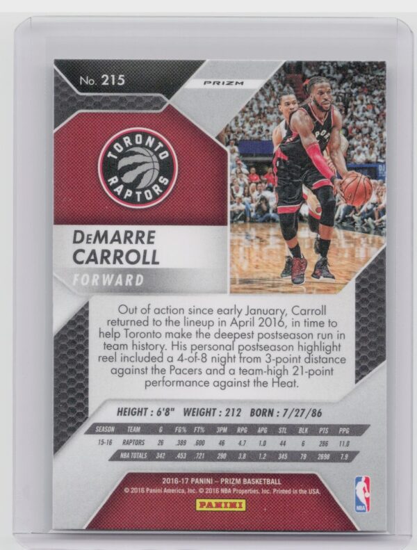 2016-17 Panini Prizm DeMarre Carroll Silver Prizms #215 Raptors - Image 3