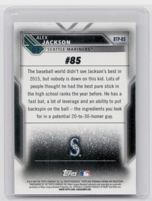 2016 Bowman Alex Jackson #BTP-85 Mariners Bowman Scouts' Top 100 - Image 3