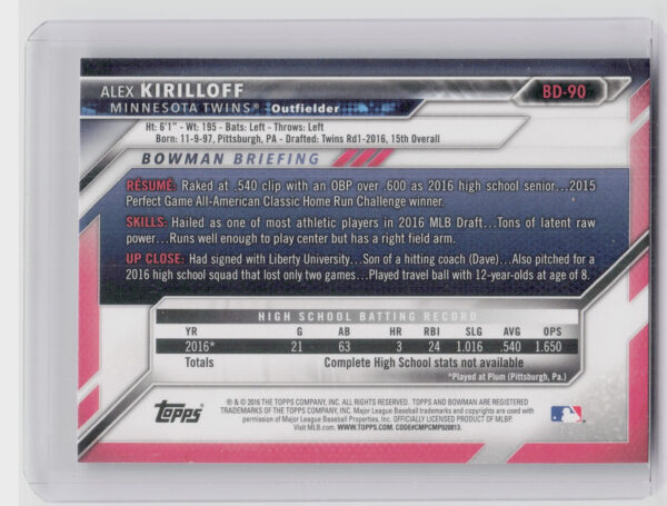 2016 Bowman Draft Alex Kirilloff #BD-90 Twins - Image 3
