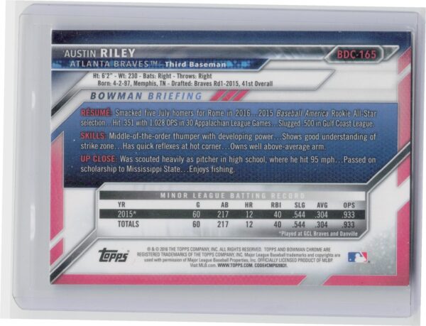 2016 Bowman Draft Austin Riley Chrome Sky Blue Refractor #BDC-165 Braves - Image 3