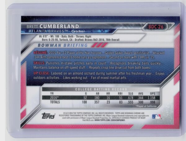 2016 Bowman Draft Brett Cumberland Chrome Sky Blue Refractor #BDC-26 Braves - Image 3