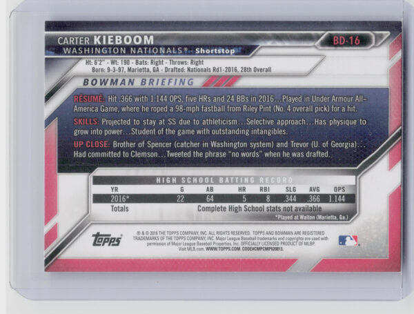 2016 Bowman Draft Carter Kieboom #BD-16 Nationals - Image 3