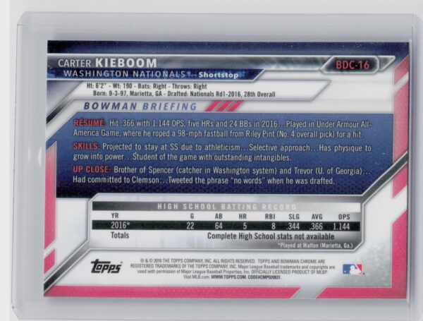 2016 Bowman Draft Carter Kieboom Chrome #BDC-16 Nationals - Image 3