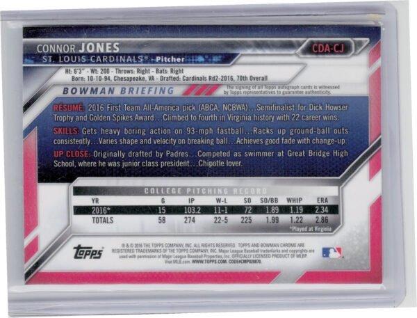 2016 Bowman Draft Connor Jones AU #CDA-CJ Cardinals Chrome Draft Pick Autographs - Image 3