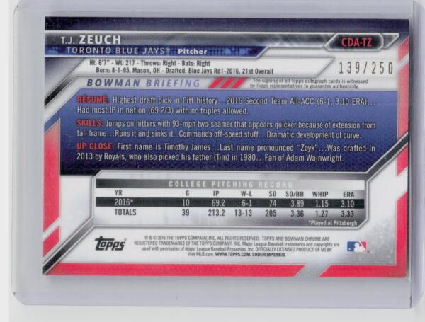 2016 Bowman Draft T.J. Zeuch #CDA-TZ Jays Chrome Draft Pick Autographs Purple Re - Image 3