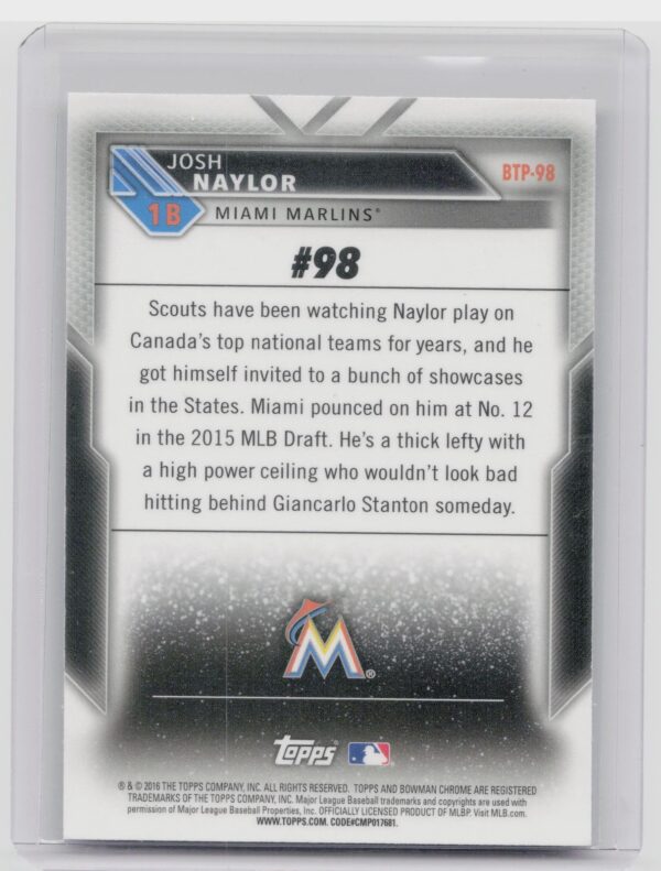 2016 Bowman Josh Naylor #BTP-98 Marlins Bowman Scouts' Top 100 - Image 3