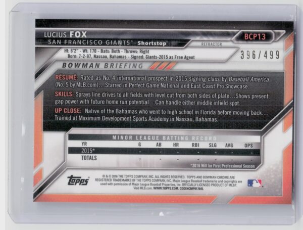 2016 Bowman Lucius Fox SN499 #BCP13 Giants Chrome Prospects Refractor - Image 3