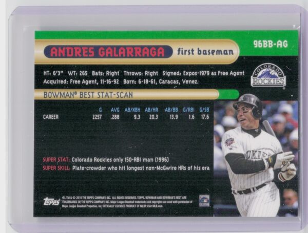 2016 Bowman's Best Andres Galarraga #96BB-AG Rockies - Image 3