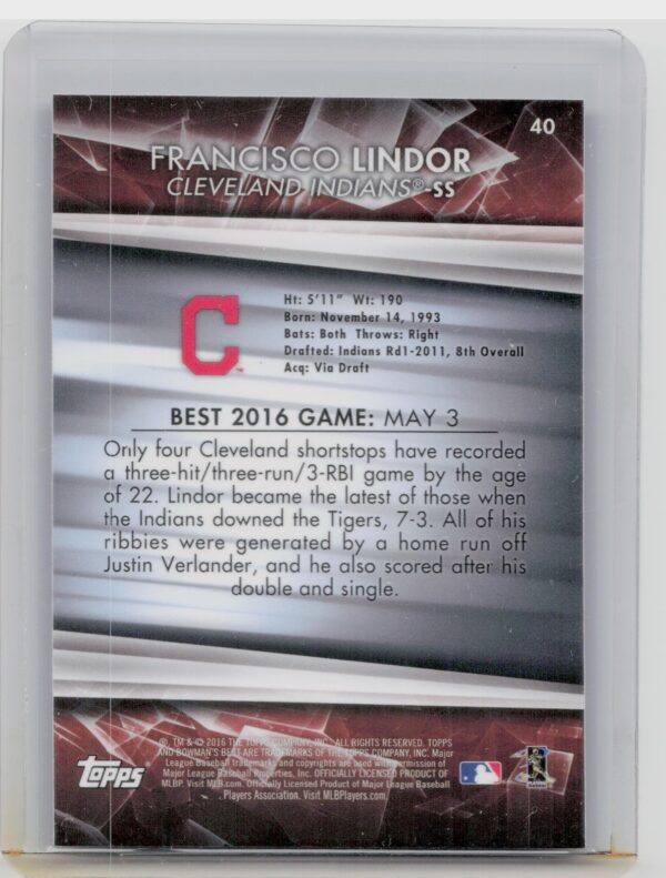 2016 Bowman's Best Francisco Lindor #40 Indians - Image 3