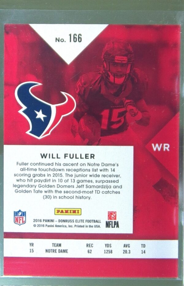 2016 Donruss Elite Will Fuller Black /199 RC #166 Texans - Image 3