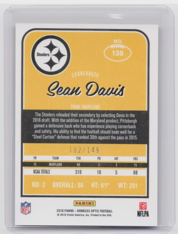 2016 Donruss Optic Sean Davis Blue SN149 #138 Steelers - Image 3