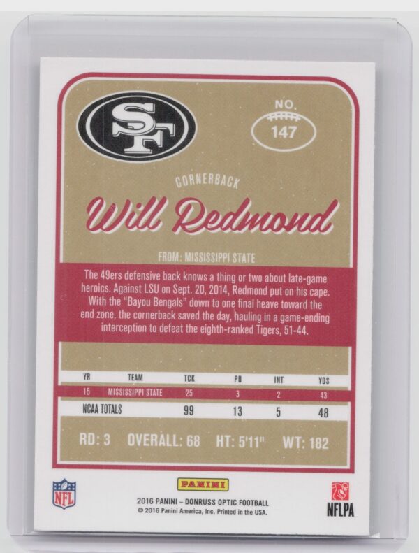 2016 Donruss Optic Will Redmond Holo #147 49ers - Image 3