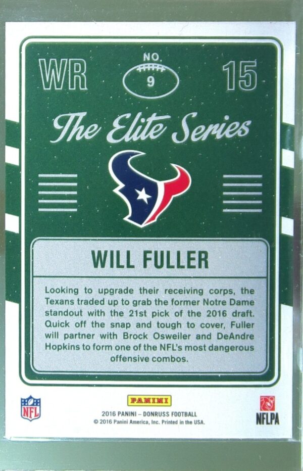 2016 Donruss Will Fuller /999 RC #9 Texans The Elite Series Rookies - Image 3