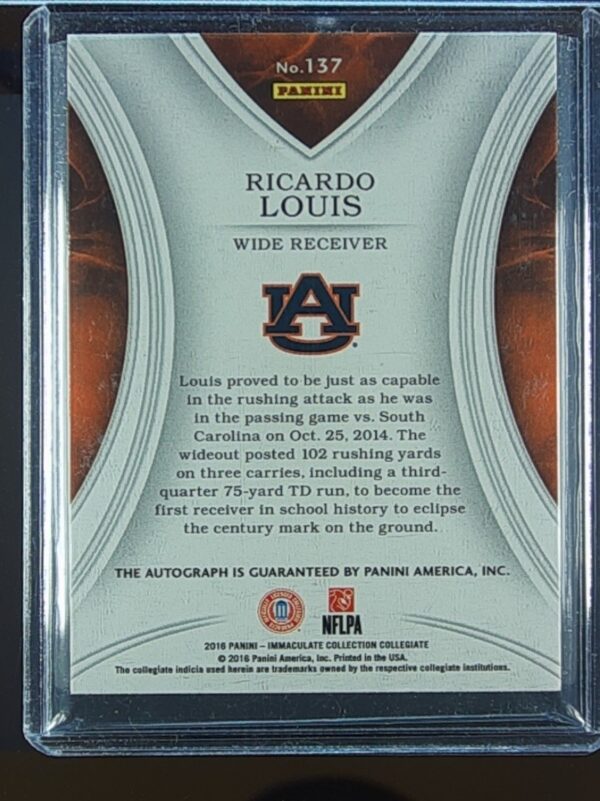 2016 Immaculate Collegiate Ricardo Louis AUTO /99 #137 Tigers - Image 3