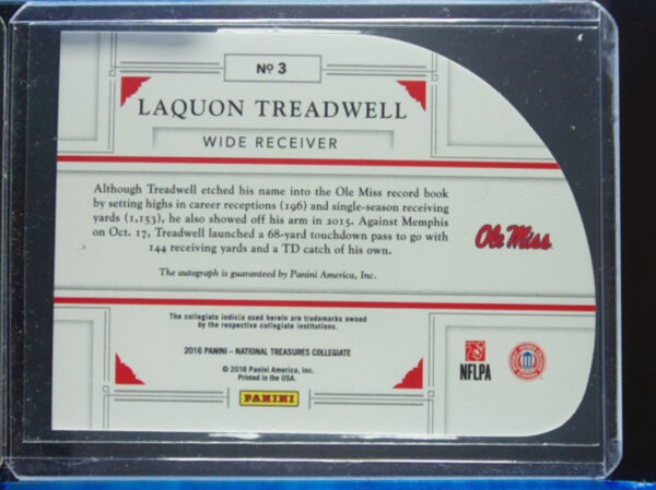 2016 Panini National Treasures Collegiate Laquon Treadwell AU SN99 #3 Rebels FB - Image 3