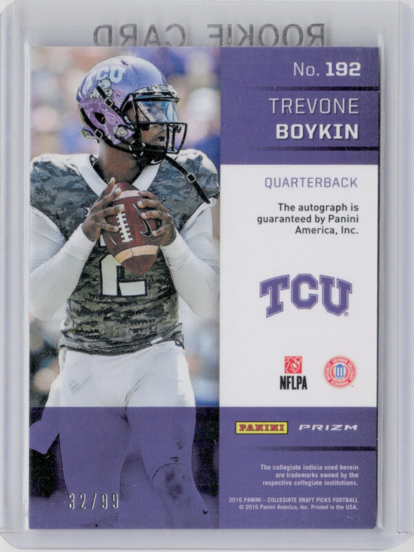 2016 Panini Prizm Collegiate Draft Picks Trevone Boykin Prizms Purple SN99 #192 - Image 3