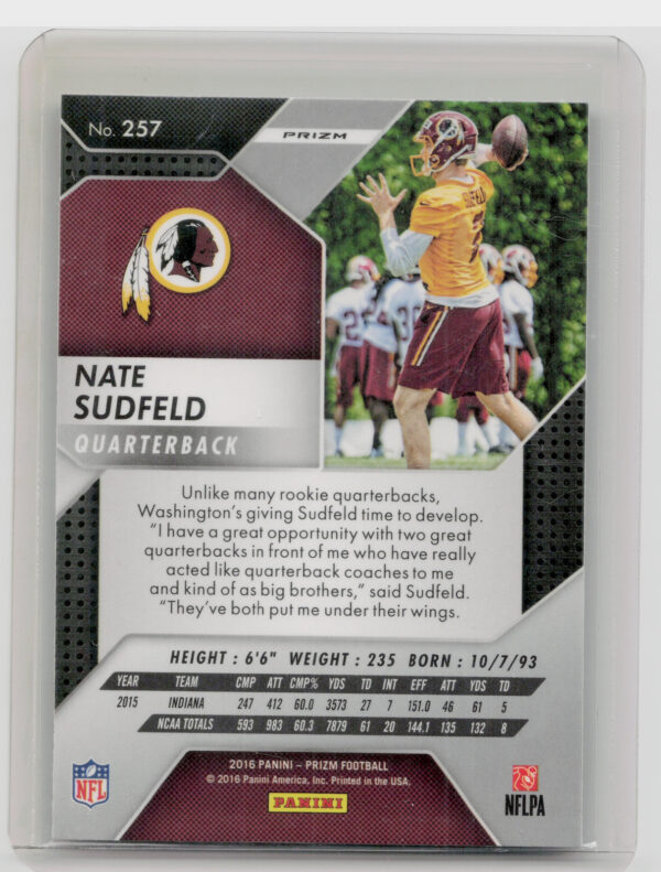 2016 Panini Prizm Nate Sudfeld Prizm #257 Redskins - Image 3