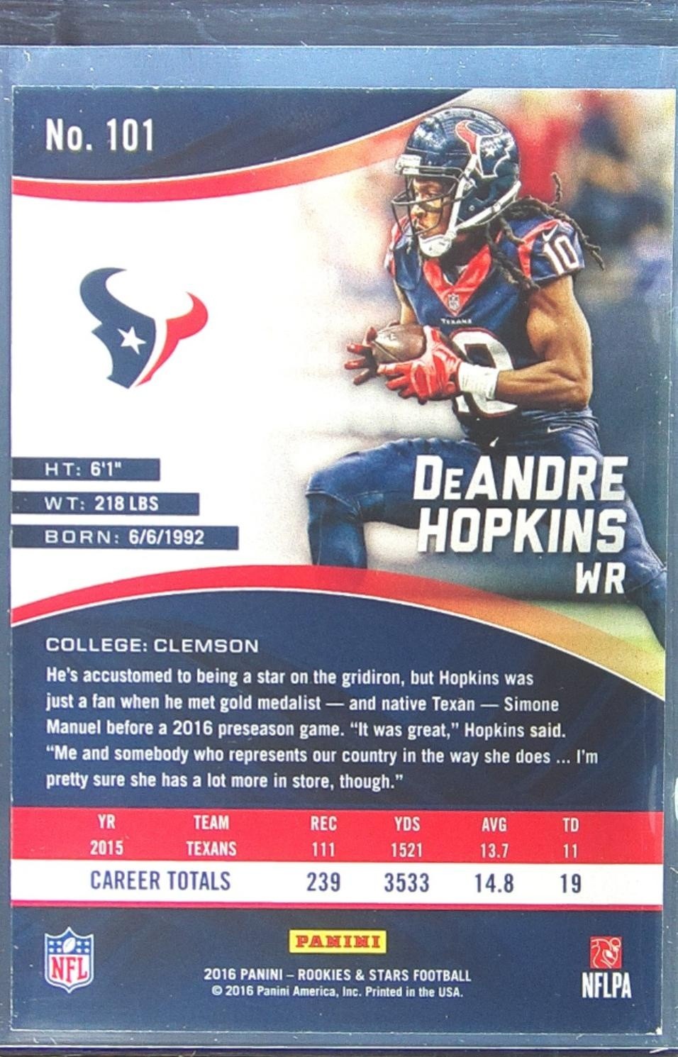 2016 Rookies & Stars DeAndre Hopkins Gold /10 #101 Texans - Image 3