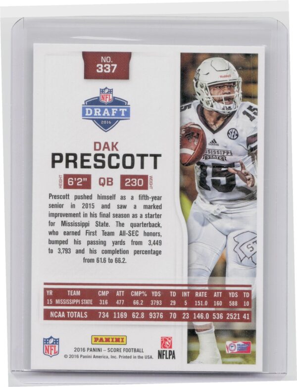 2016 Score Dak Prescott RC #337 Mississippi State Bulldogs - Image 3