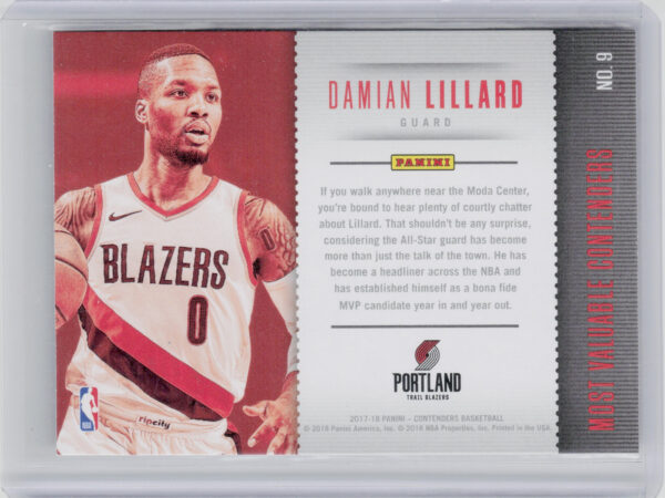 2017-18 Panini Contenders Damian Lillard #9 Blazers Most Valuable Contenders - Image 3