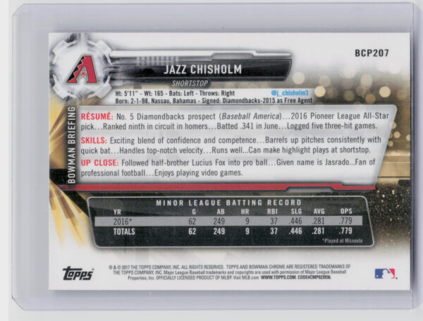 2017 Bowman Chrome Jazz Chisholm #BCP207 Diamondbacks Prospects - Image 3
