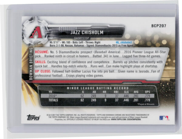 2017 Bowman Chrome Jazz Chisholm #BCP207 Diamondbacks Prospects - Image 3