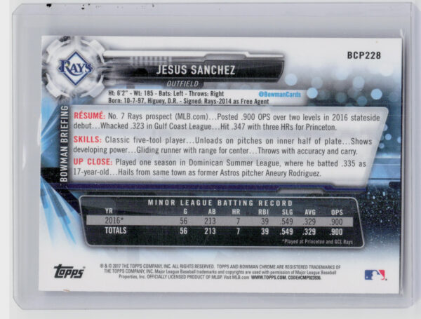 2017 Bowman Chrome Jesus Sanchez #BCP228 Rays Prospects - Image 3