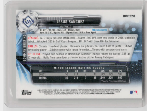 2017 Bowman Chrome Jesus Sanchez #BCP228 Rays Prospects - Image 3