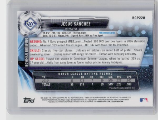 2017 Bowman Chrome Jesus Sanchez #BCP228 Rays Prospects - Image 3