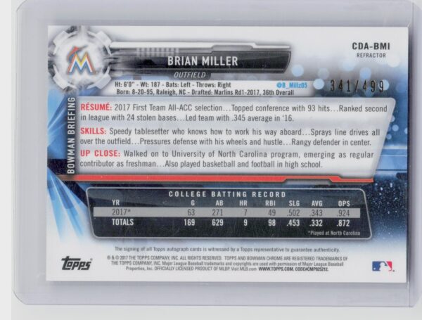 2017 Bowman Draft Brian Miller AU SN499 #CDA-BMI Marlins Chrome Draft Pick Autog - Image 3