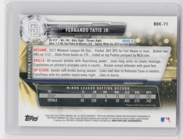 2017 Bowman Draft Fernando Tatis Jr. Chrome #BDC-71 Padres - Image 3
