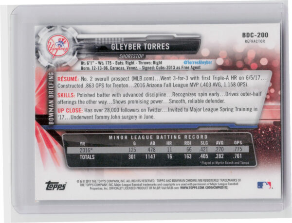 2017 Bowman Draft Gleyber Torres Chrome Refractor #BDC-200 Yankees - Image 3