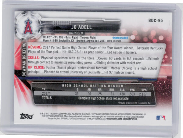 2017 Bowman Draft Jo Adell Chrome #BDC-95 Angels - Image 3