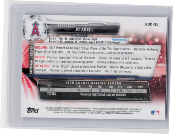 2017 Bowman Draft Jo Adell Chrome #BDC-95 Angels - Image 3