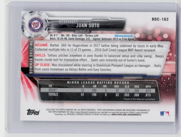 2017 Bowman Draft Juan Soto Chrome #BDC-162 Nationals - Image 3