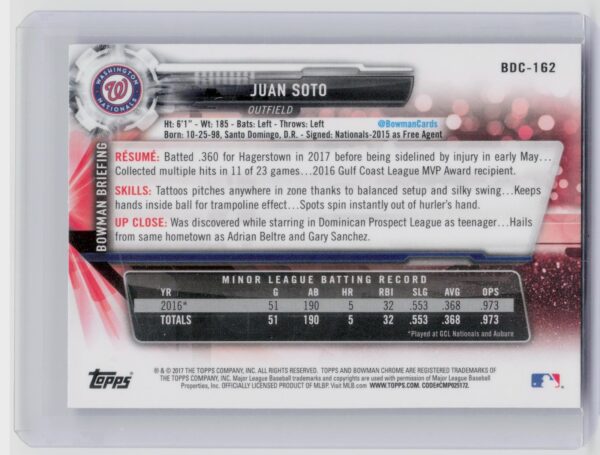 2017 Bowman Draft Juan Soto Chrome #BDC-162 Nationals - Image 3