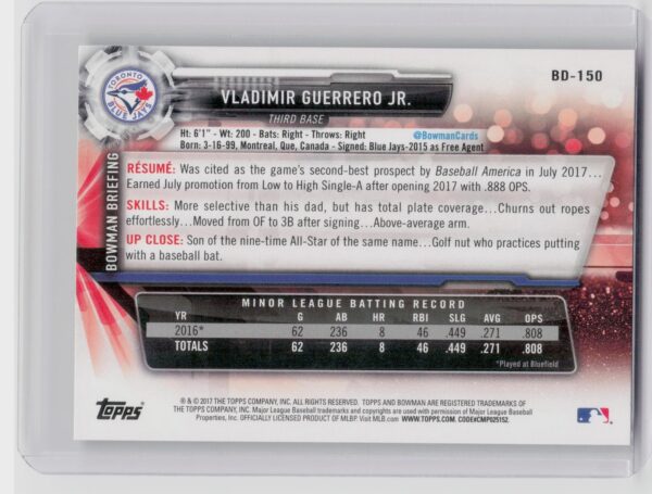 2017 Bowman Draft Vladimir Guerrero Jr. #BD-150 Jays - Image 3