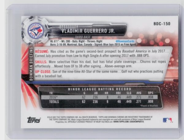 2017 Bowman Draft Vladimir Guerrero Jr. Chrome #BDC-150 Jays - Image 3