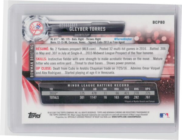 2017 Bowman Gleyber Torres #BCP80 Yankees Chrome Prospects - Image 3