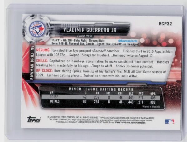 2017 Bowman Vladimir Guerrero Jr. #BCP32 Jays Chrome Prospects - Image 3