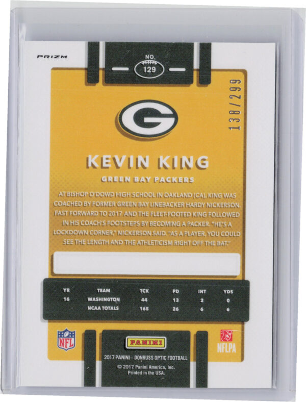 2017 Donruss Optic Kevin King Aqua SN299 #129 Packers - Image 3