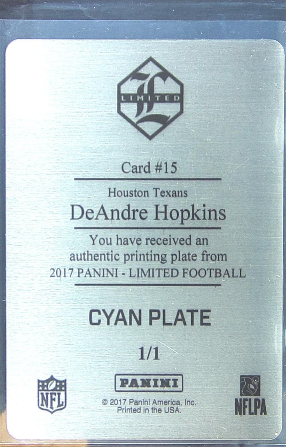 2017 Limited DeAndre Hopkins Printing Plate Cyan 1/1 #15 Texans - Image 3