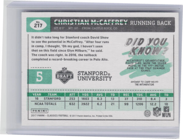 2017 Panini Classics Christian McCaffrey RC #217 Cardinal - Image 3