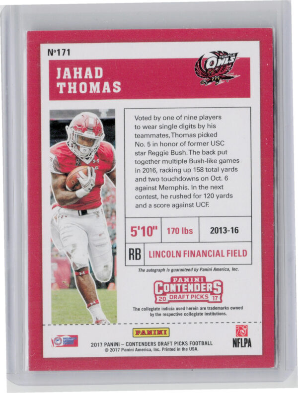 2017 Panini Contenders Draft Picks Jahad Thomas #171 Owls - Image 3
