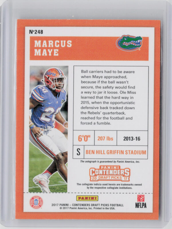 2017 Panini Contenders Draft Picks Marcus Maye AU #248 Gators - Image 3