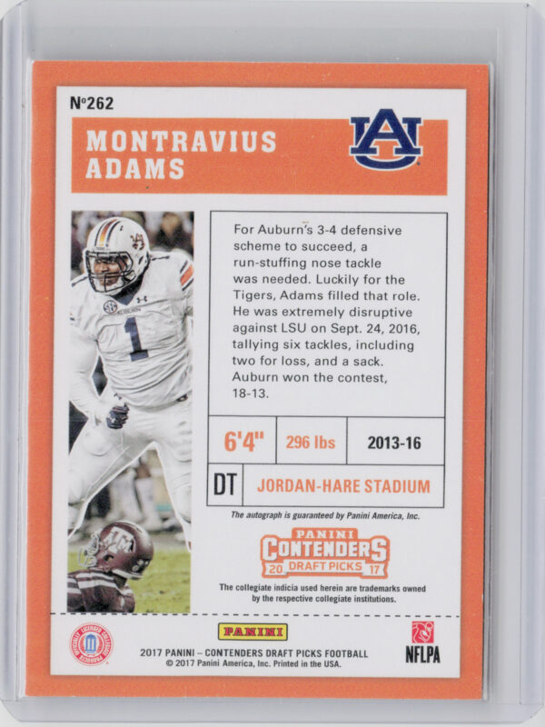 2017 Panini Contenders Draft Picks Montravius Adams #262 Tigers - Image 3
