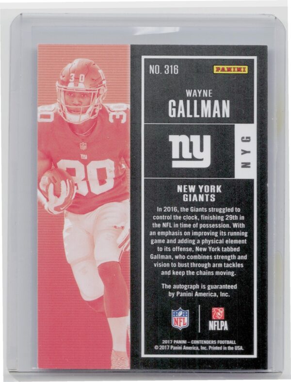 2017 Panini Contenders Wayne Gallman AU RC #316 Giants - Image 3