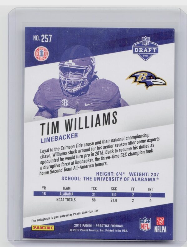 2017 Panini Prestige Tim Williams AU SN150 #257 Ravens Rookie Signatures Xtra Po - Image 3